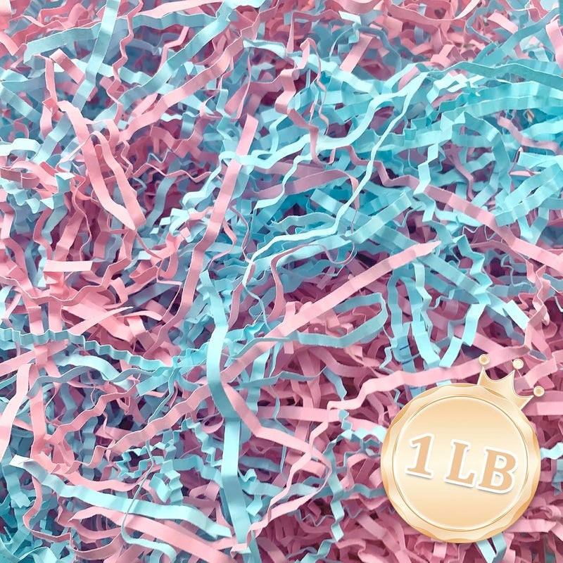 Zankubom 1 LB Crinkle Cut Paper Shred Filler Great for Gift Wrapping, Basket Fillers, Birthday, Gift Wrapping, Gender Reveal, Baby Shower, Christmas Party Decor Filling Supplies Pink Blue - Image 1